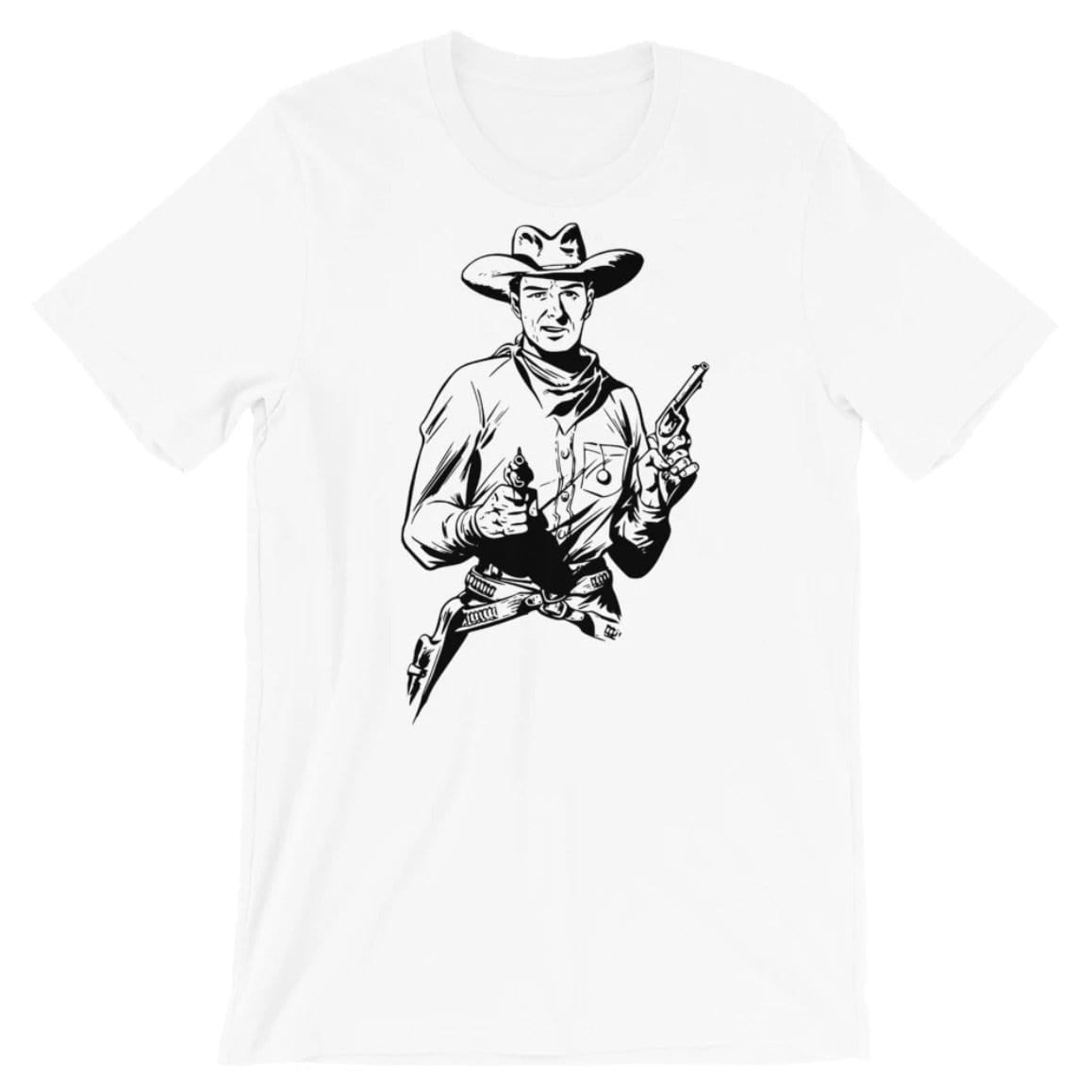 White t-shirt with black and white drawing of a cowboy holding two pistols.