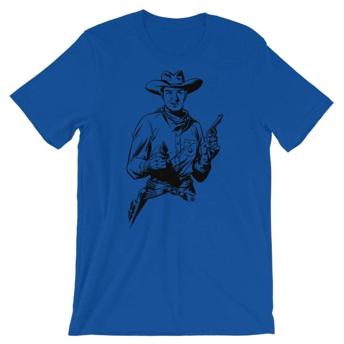 Blue t-shirt with a black graphic of a cowboy holding two guns.