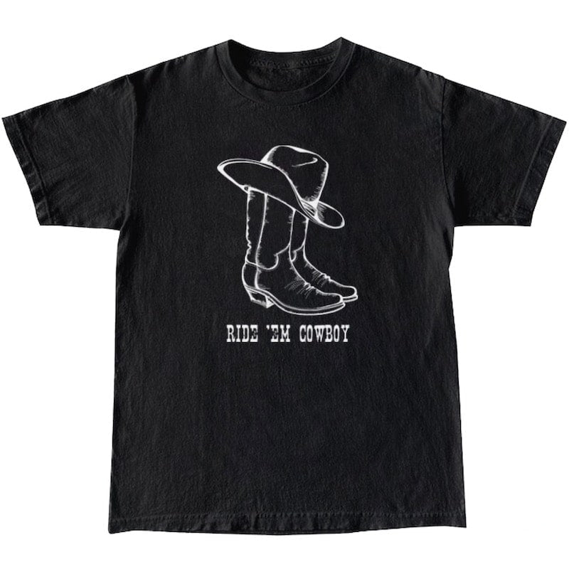 Black t-shirt with white cowboy boots and hat design and "Ride 'Em Cowboy" text.
