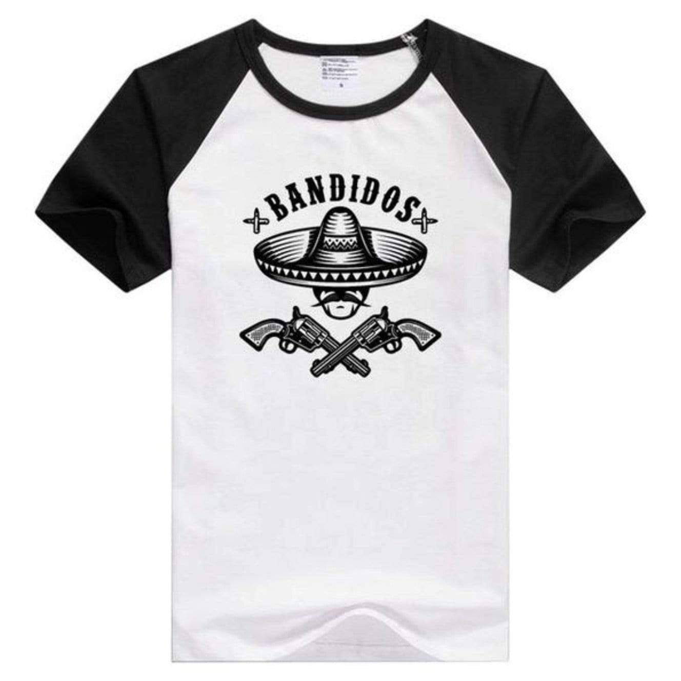 White raglan t-shirt with black sleeves and a "Bandidos" graphic.