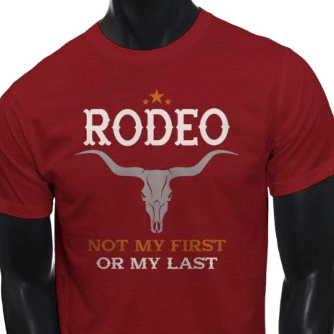Red t-shirt with "Rodeo" text and a bull skull graphic.