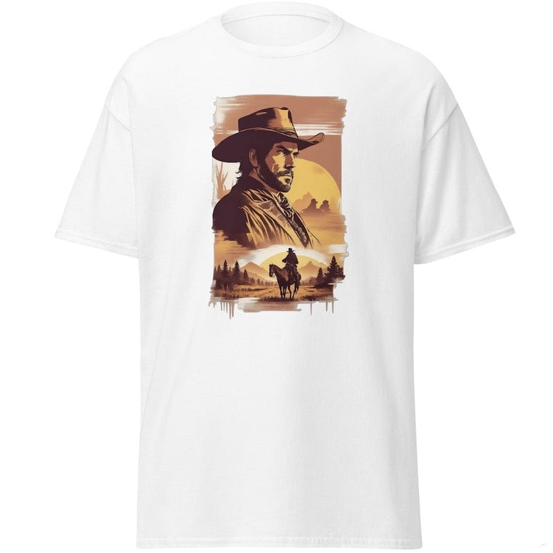 White t-shirt with a cowboy graphic.