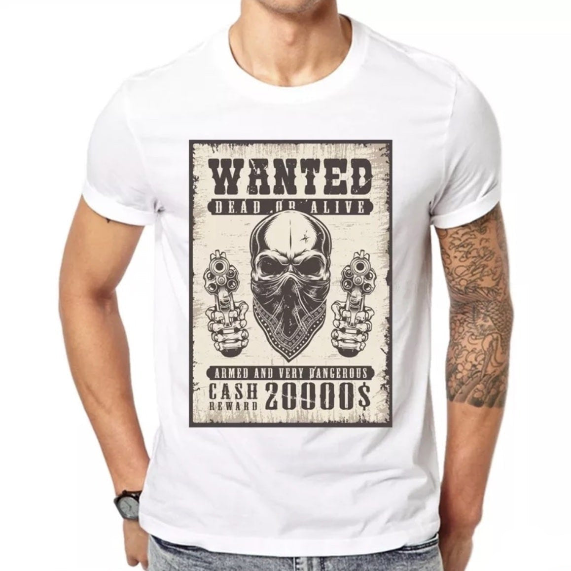 A man wearing a white T-shirt with a "Wanted" poster graphic.