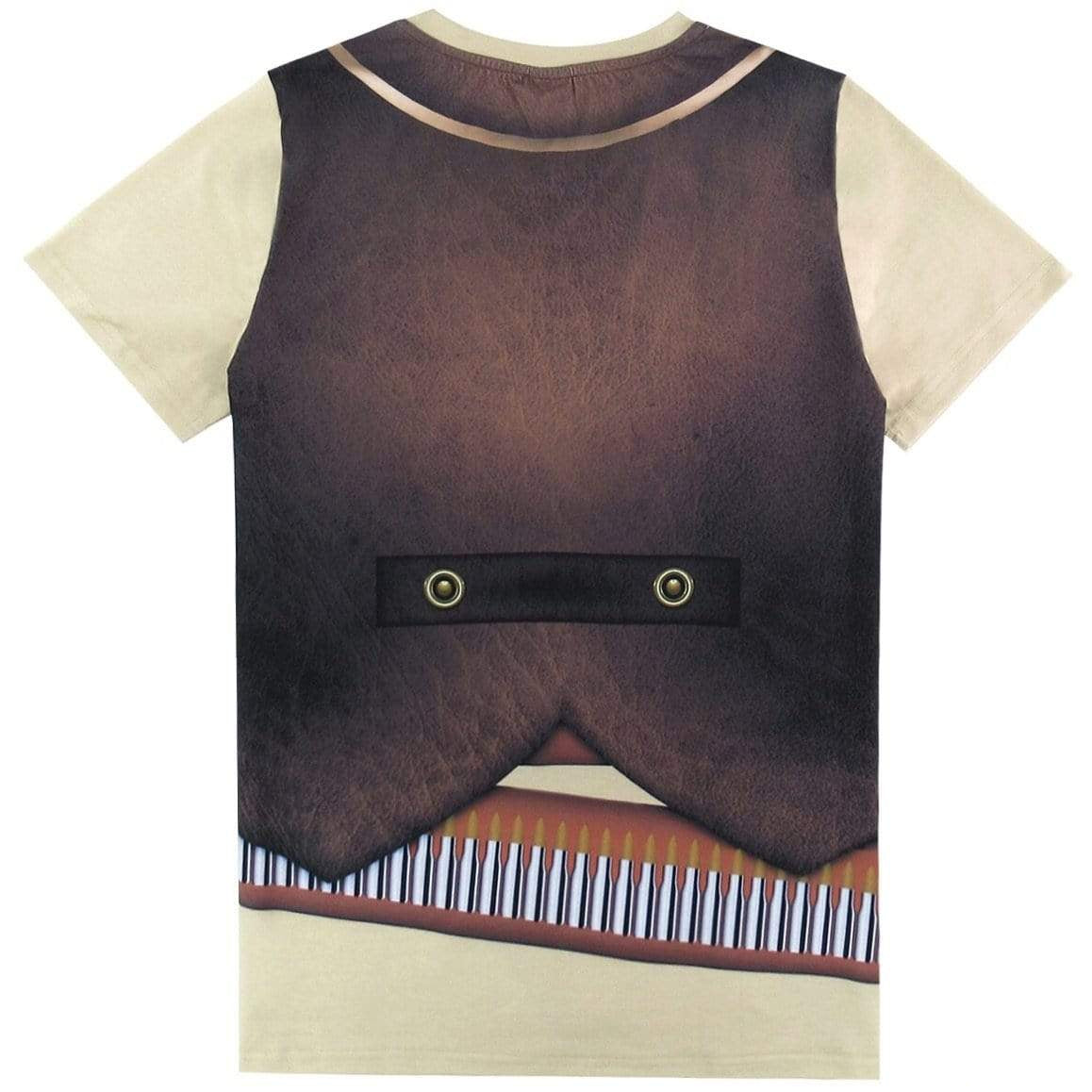 T-shirt with printed brown vest and accordion keys.
