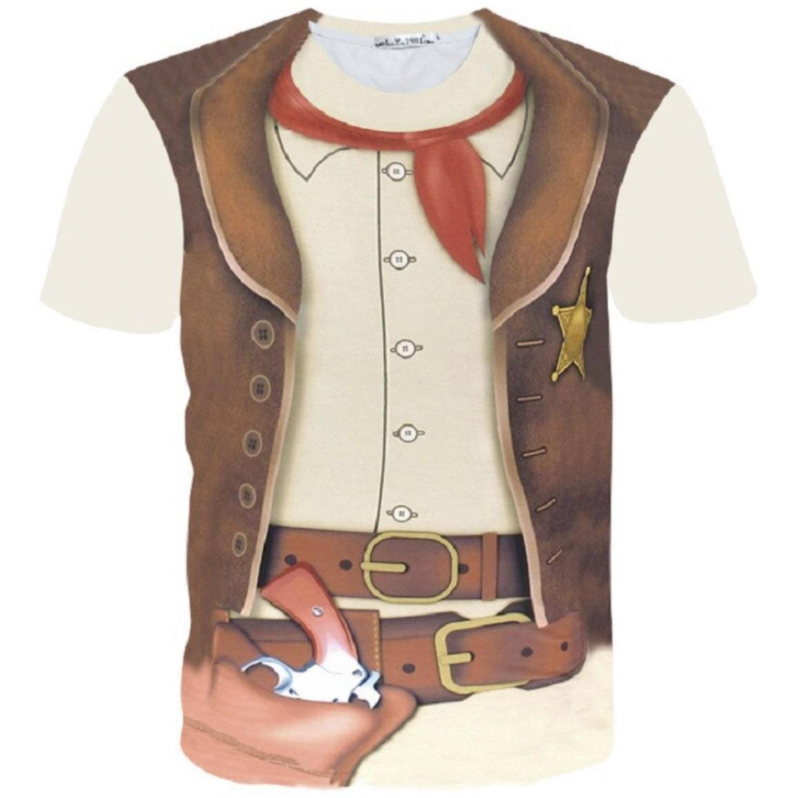 A T-shirt with a printed design of a cowboy outfit.
