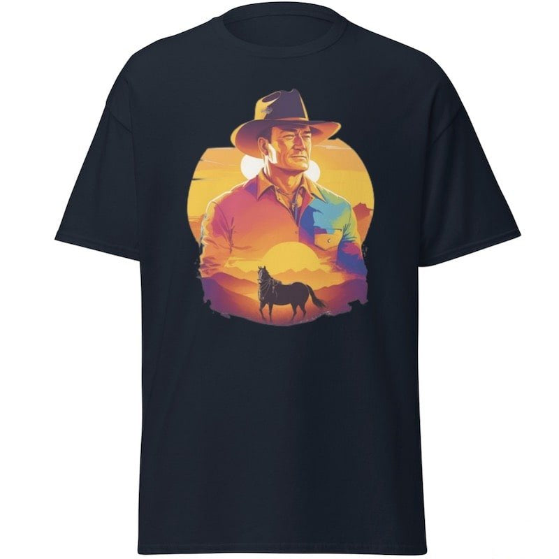 Dark-blue t-shirt with a stylized portrait of a cowboy in front of a setting sun and a horse.