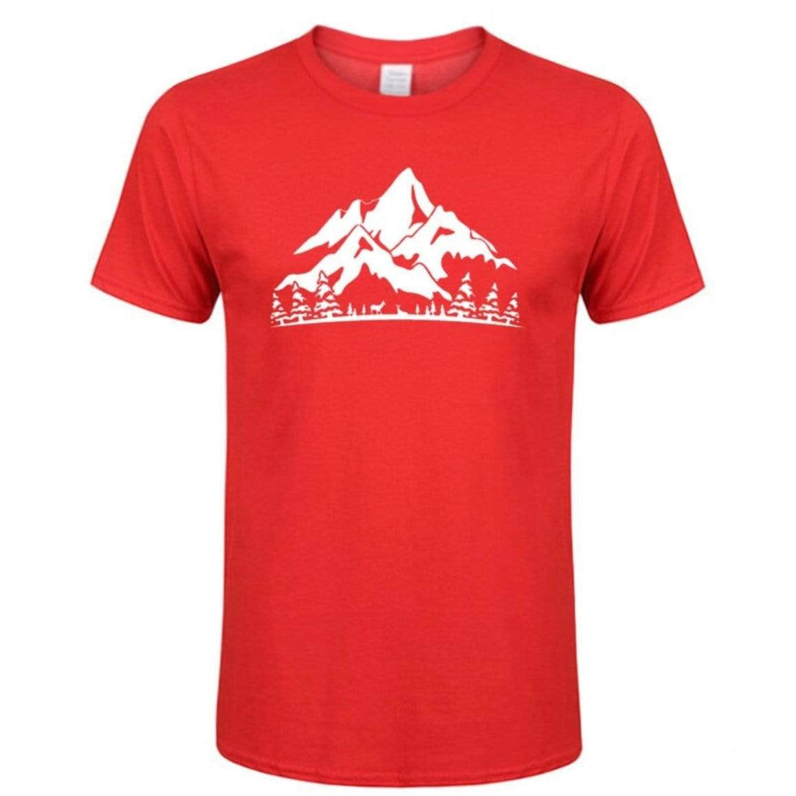 Red T-shirt with white mountain design.

