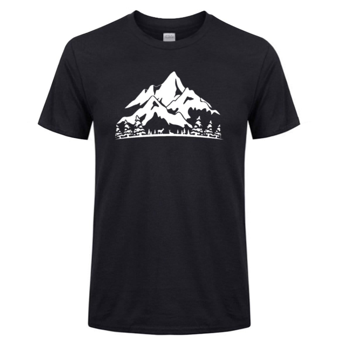 Black t-shirt with white mountain and forest graphic.
