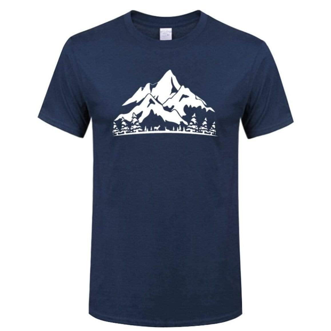Dark blue T-shirt with a white mountain graphic.

