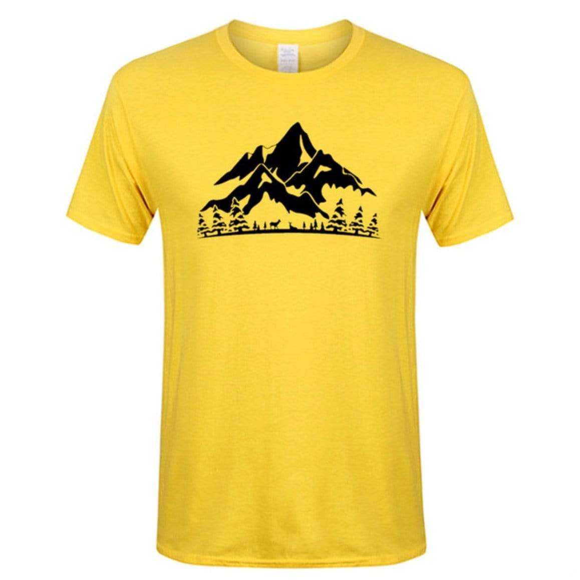 Yellow t-shirt with black mountain graphic.