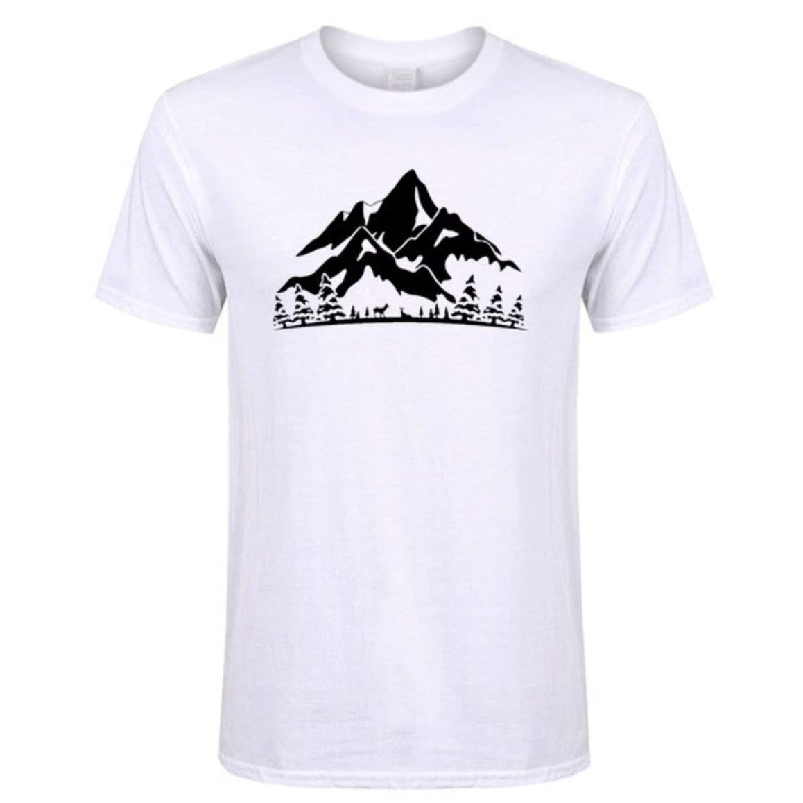 White t-shirt with a black mountain graphic.