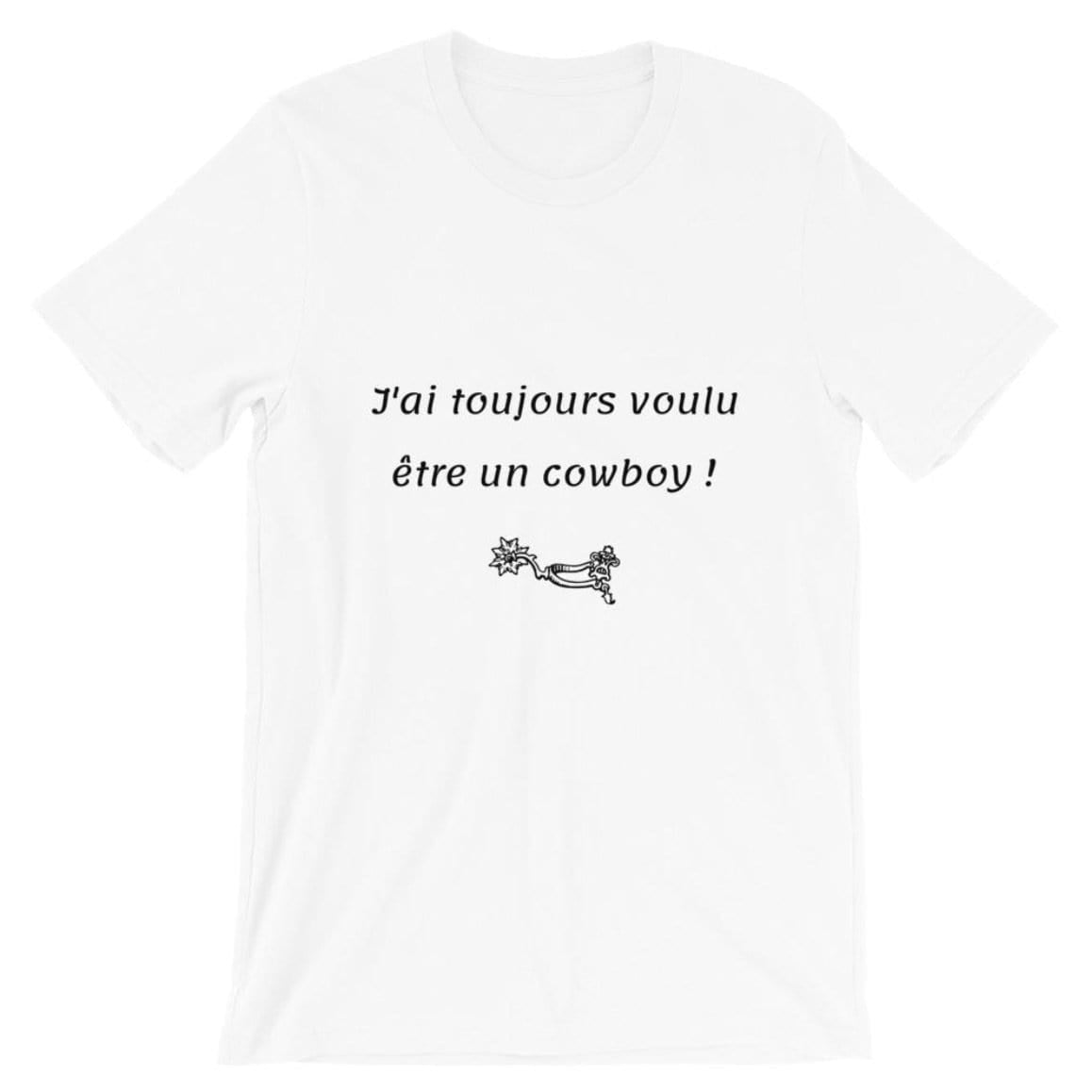 White t-shirt with French text and graphic.
