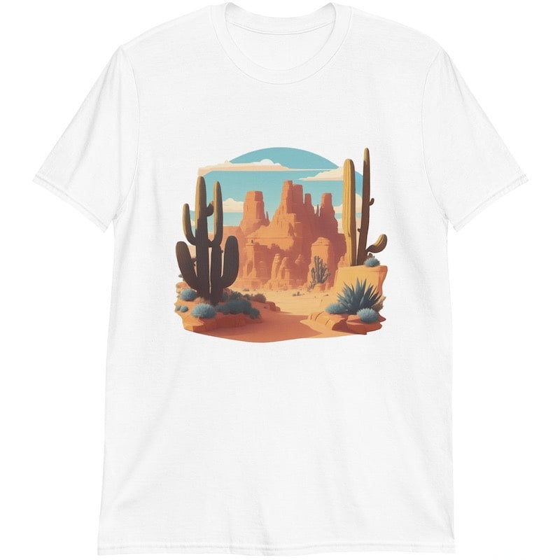 White t-shirt featuring a desert landscape graphic.
