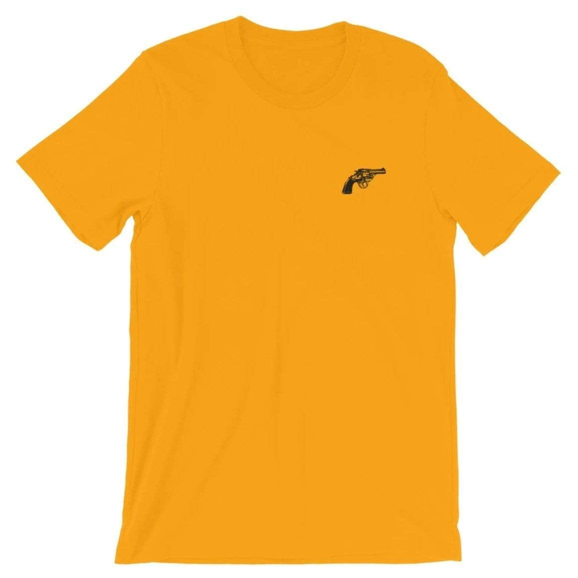 Gold t-shirt with small revolver image.