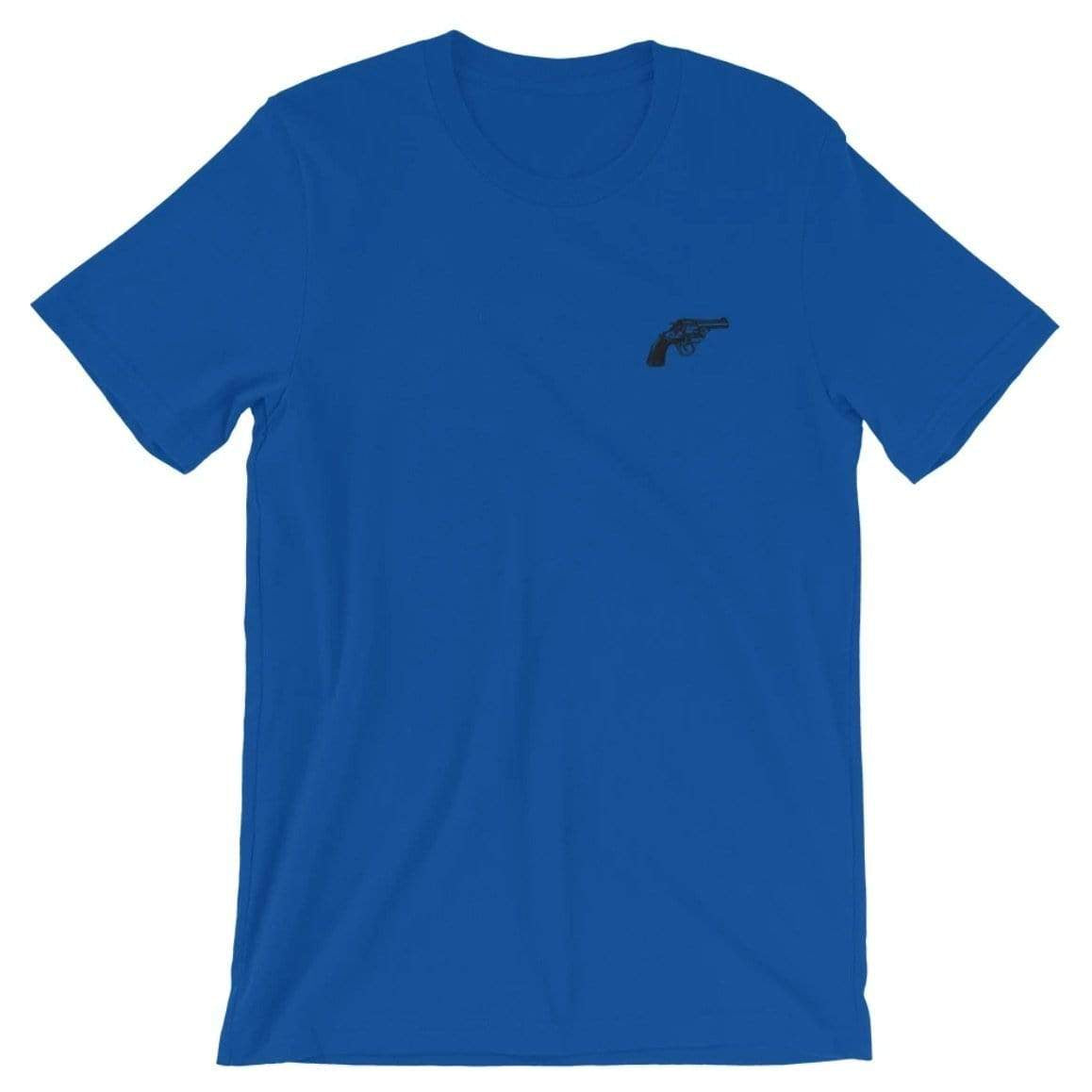 Royal blue t-shirt with a black revolver graphic.