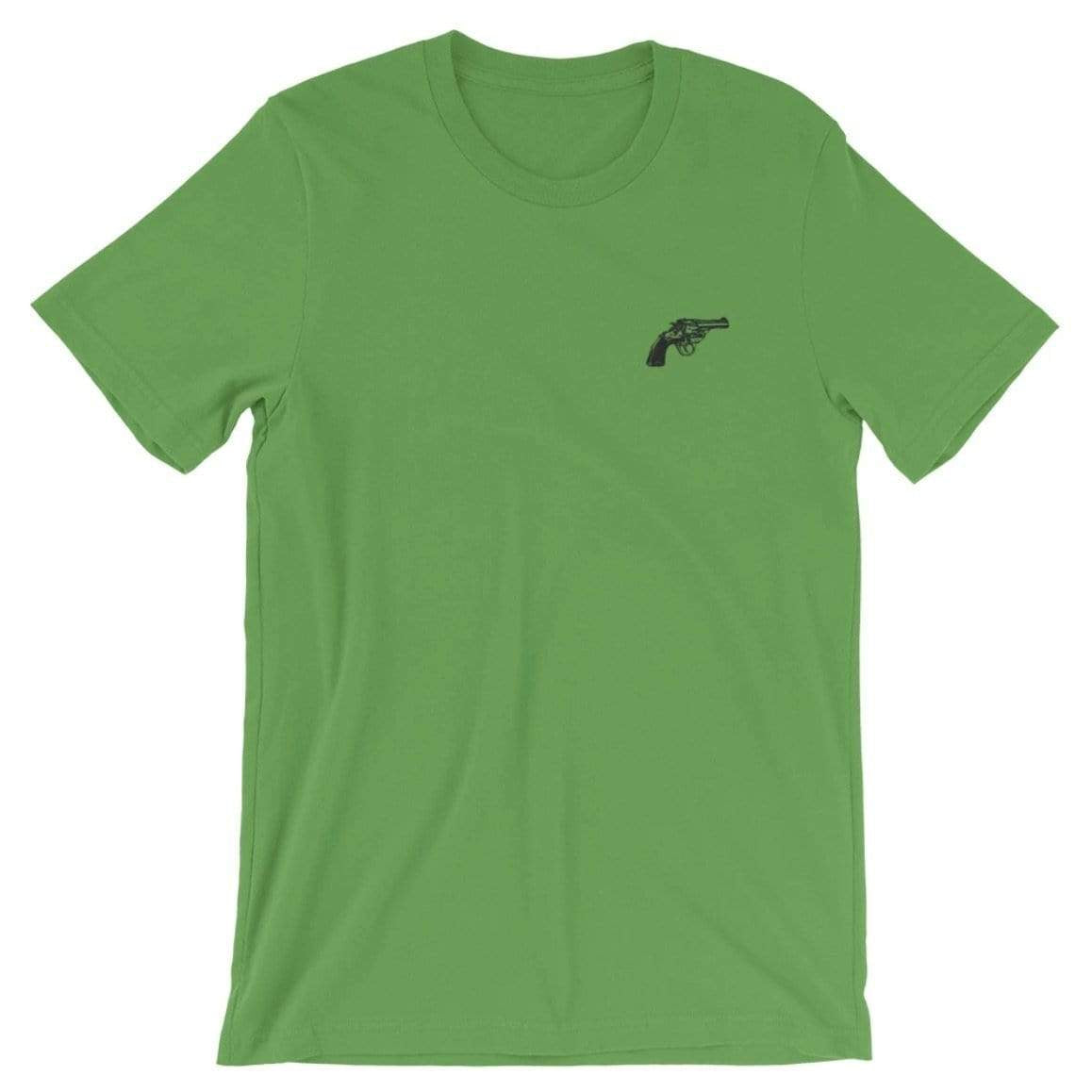 Lime green t-shirt with a black revolver print.
