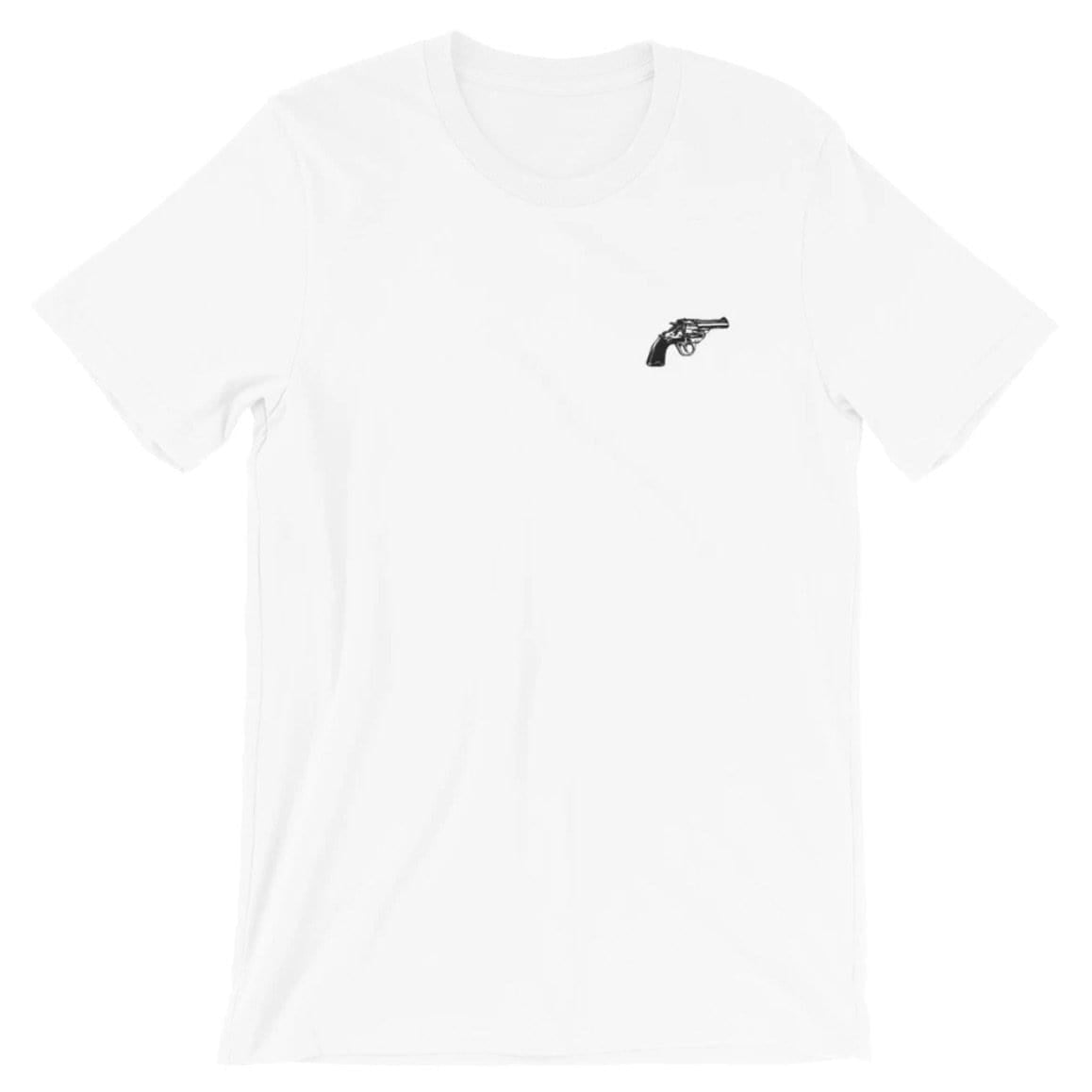 White t-shirt with a small black revolver print.
