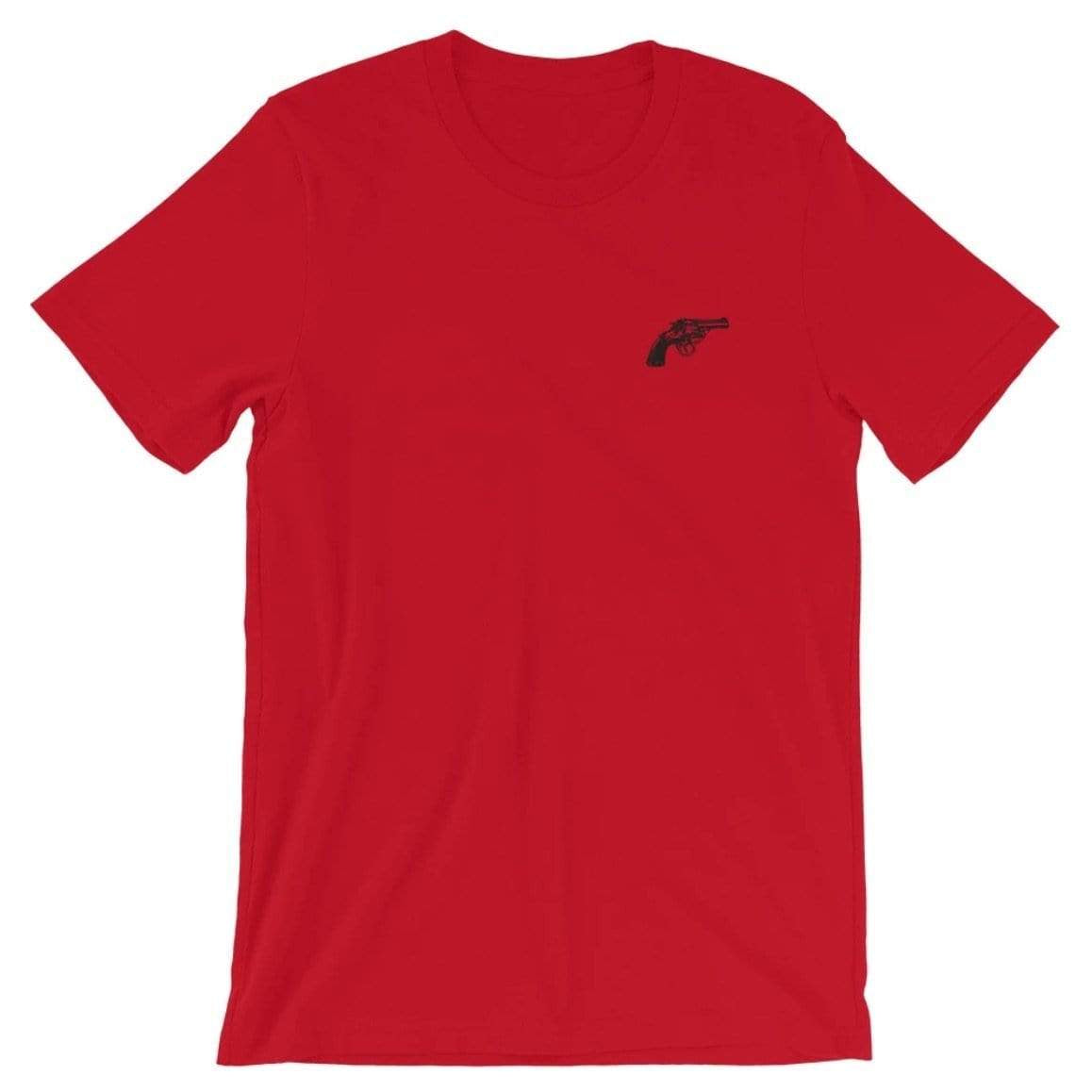 Red t-shirt with a small black revolver image.
