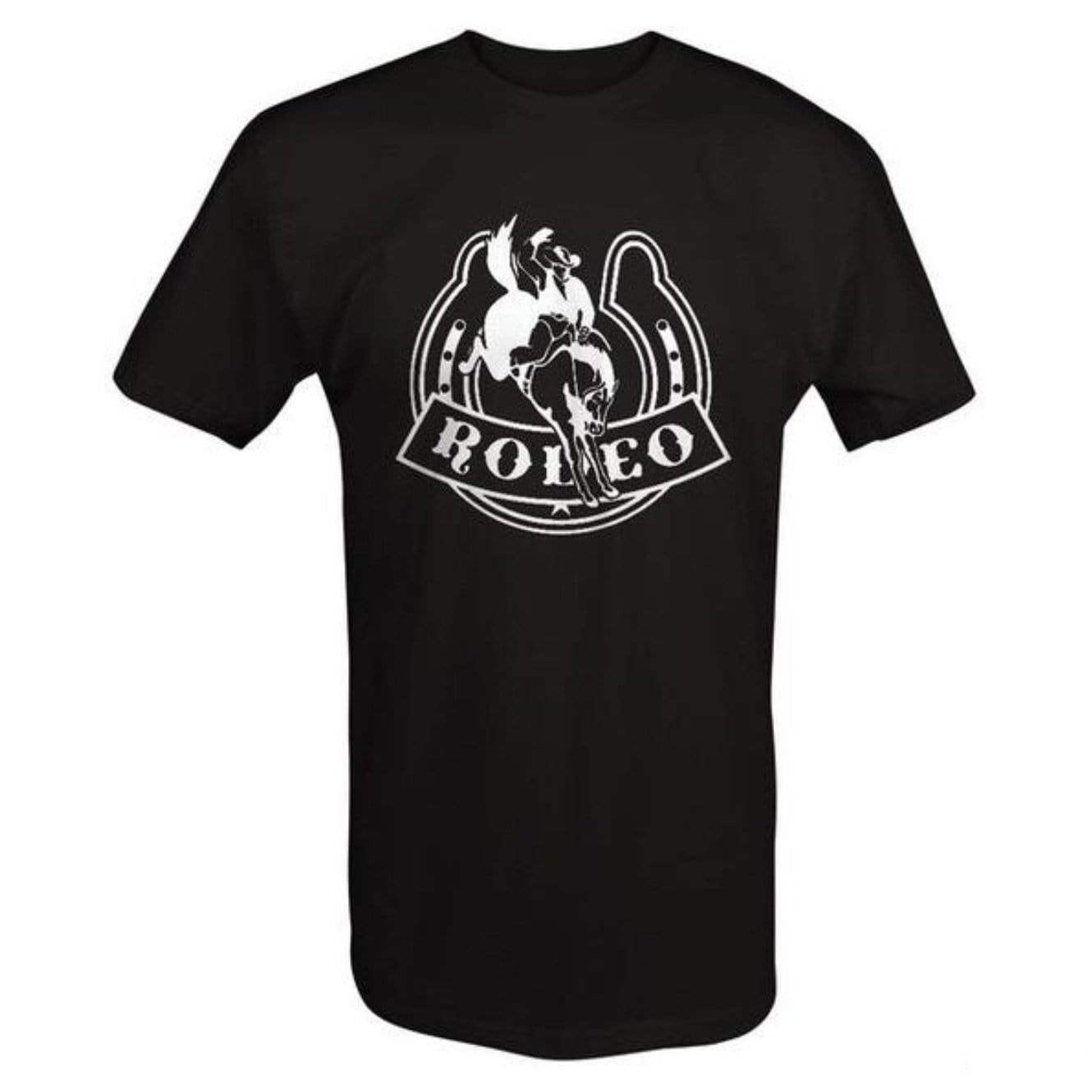 Black t-shirt with a white rodeo design.