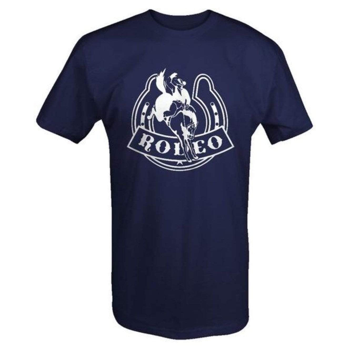 Navy blue t-shirt with a white rodeo graphic.
