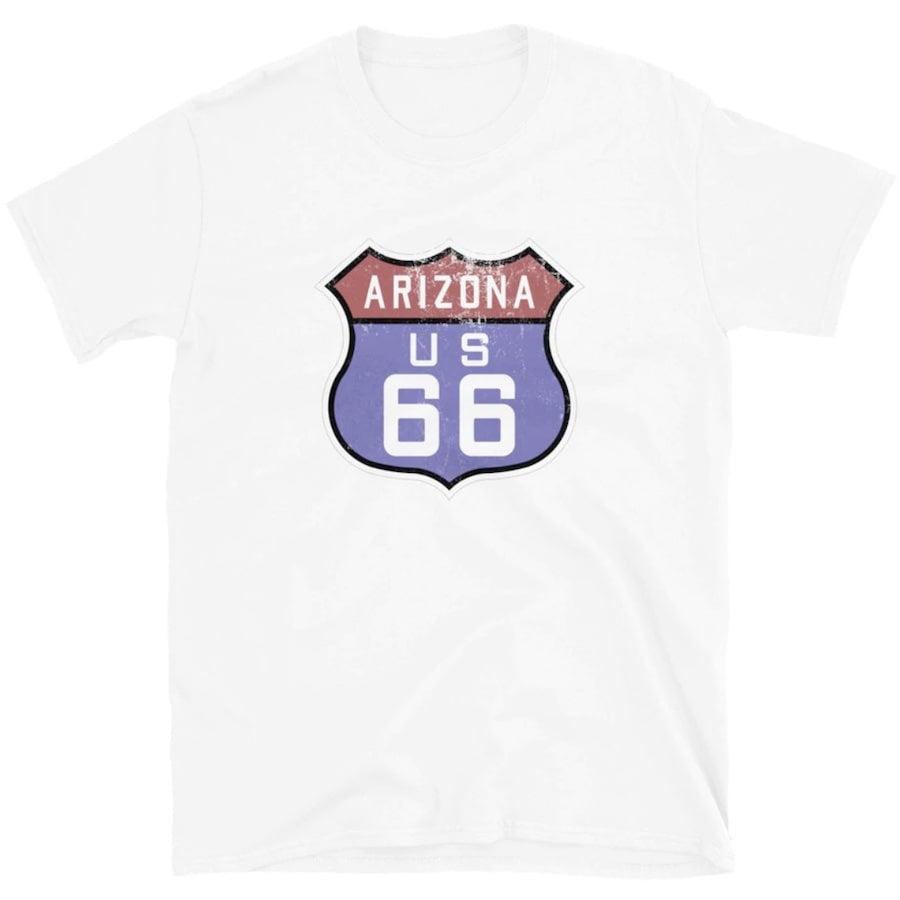 White t-shirt with an Arizona US 66 shield design.