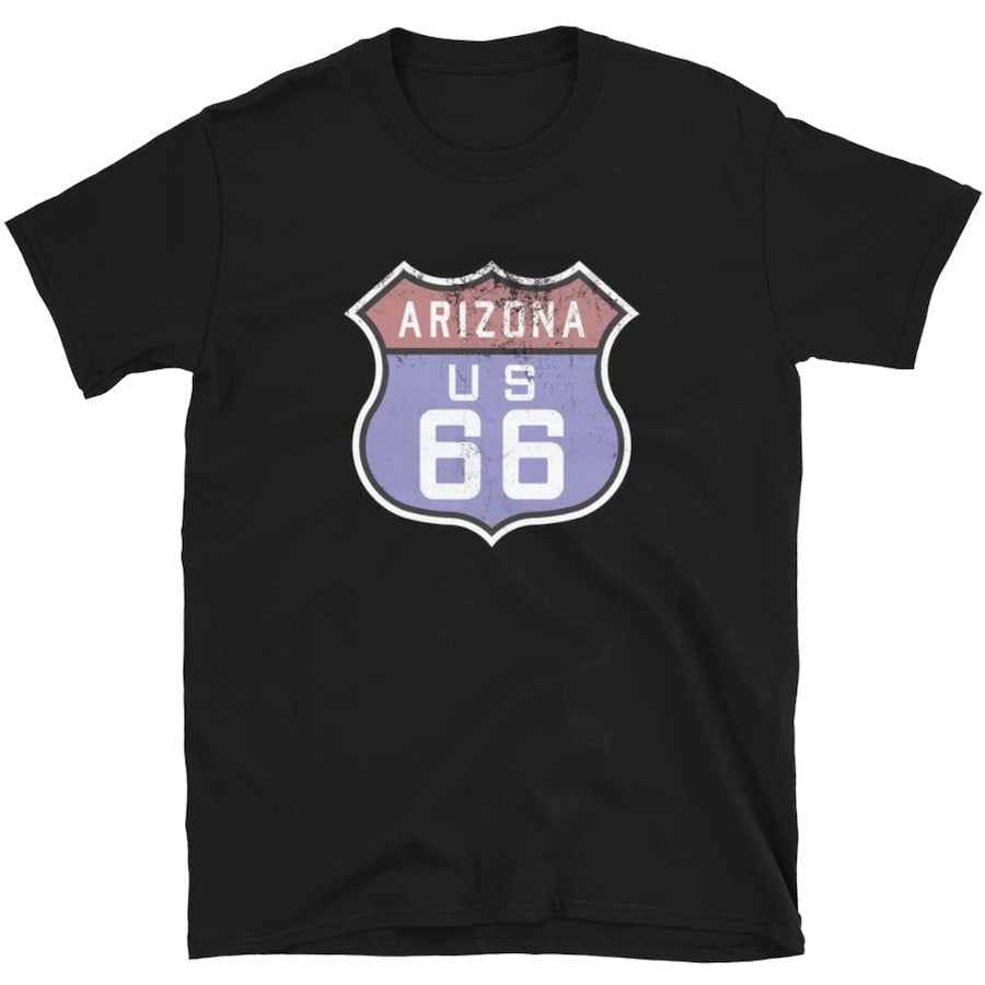 Black t-shirt with an Arizona US Route 66 sign on the chest.