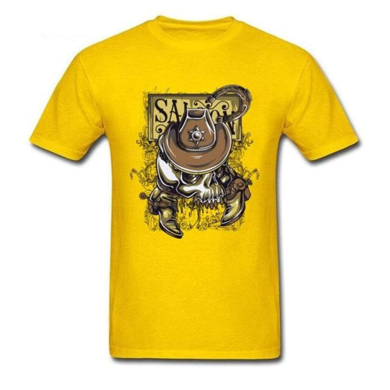 Yellow t-shirt with skull design.
