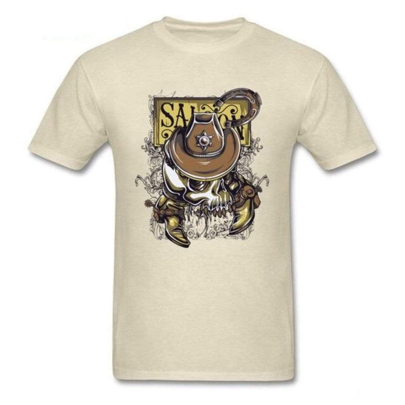 Beige t-shirt with graphic of a skull wearing a cowboy hat and boots.