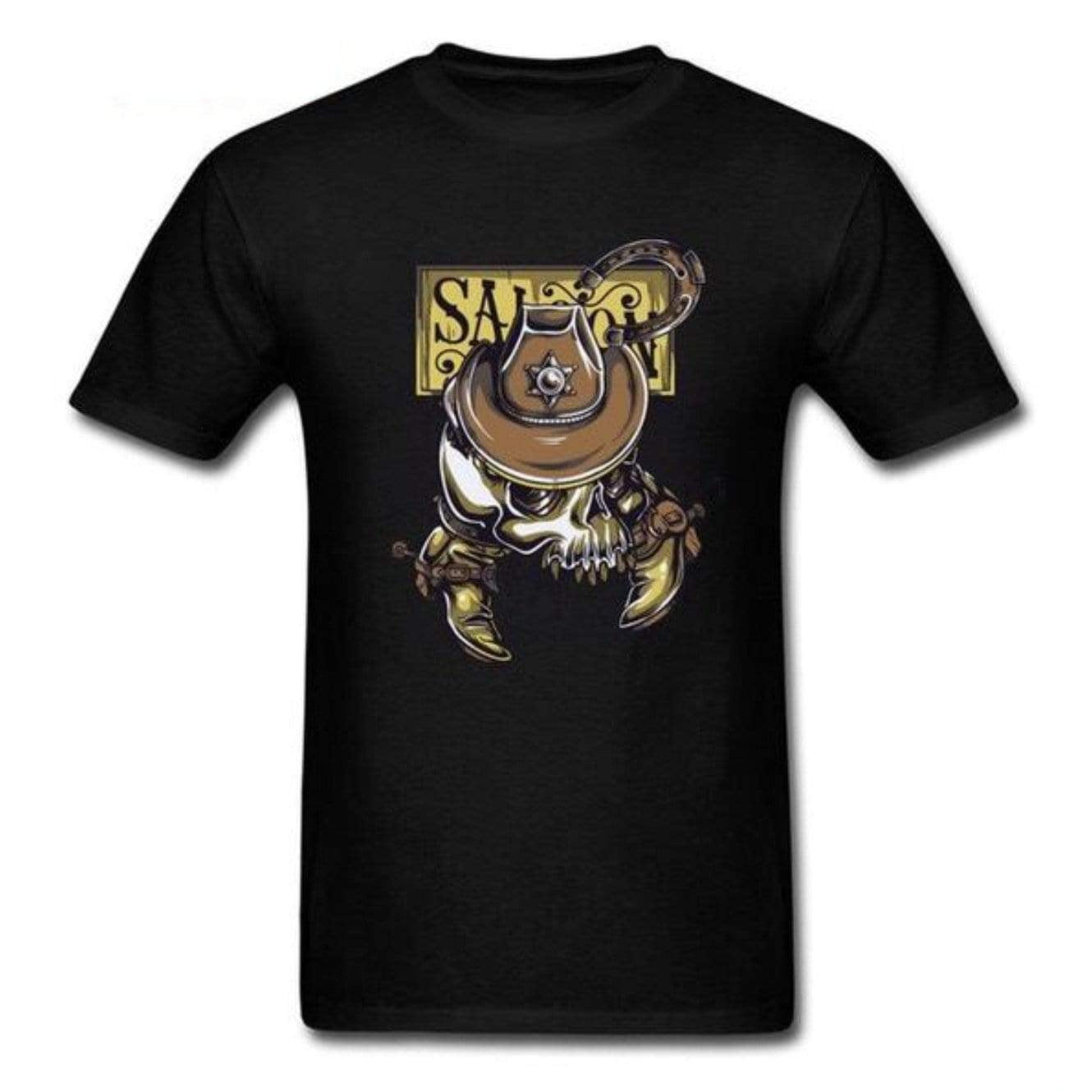 Black t-shirt with a cowboy skull graphic.
