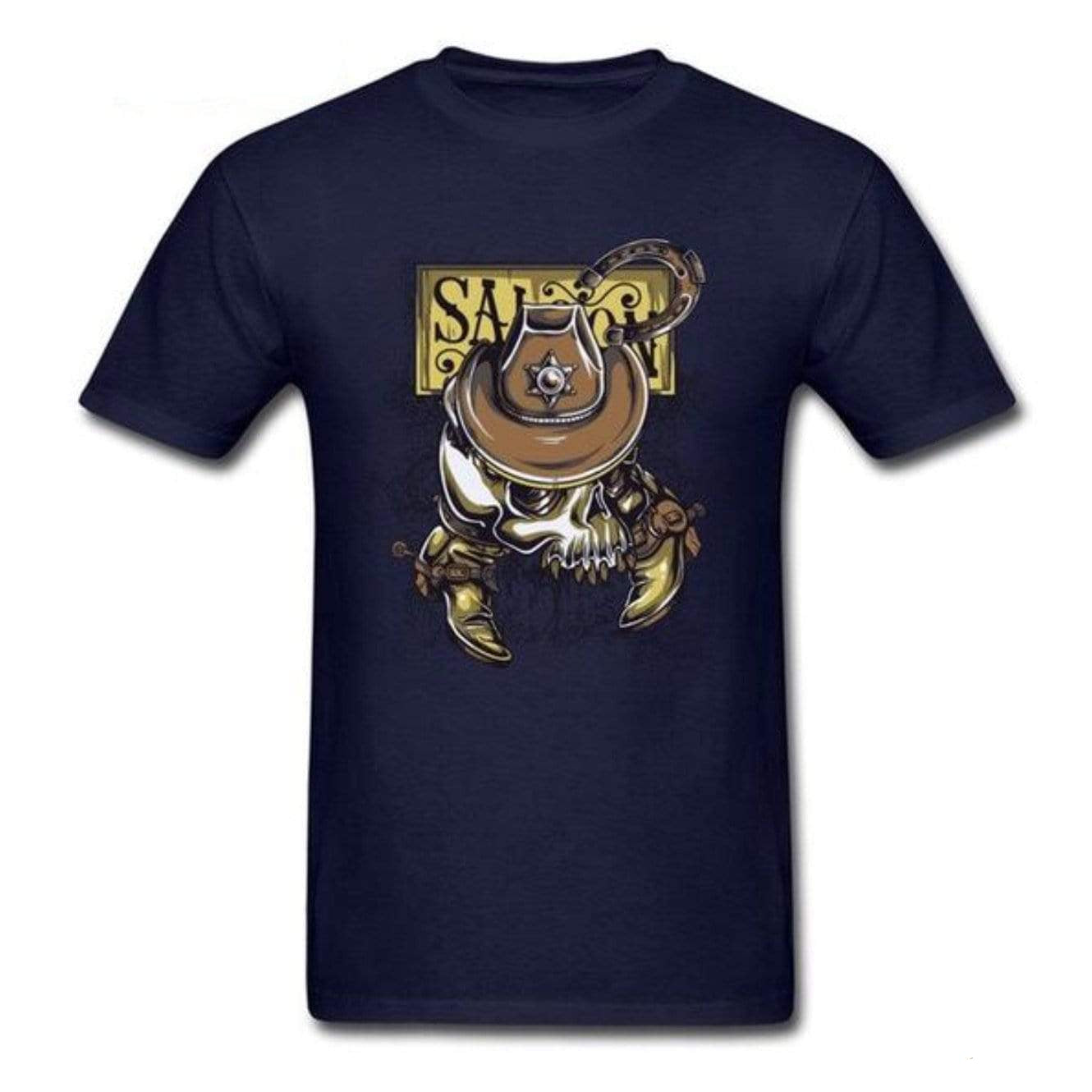 Navy blue T-shirt with cowboy skull graphic.