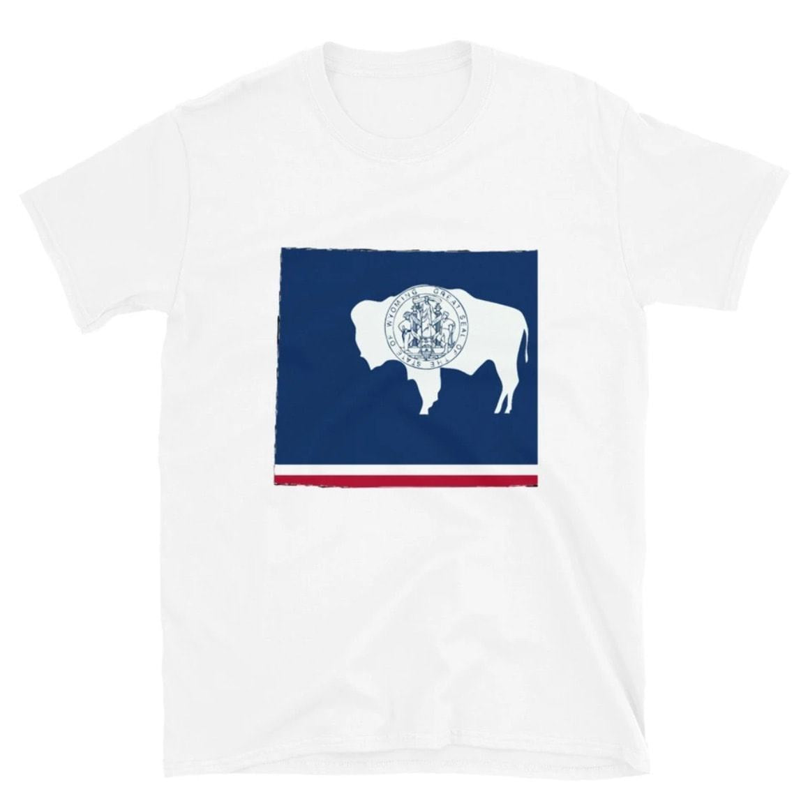 White t-shirt with the Wyoming state flag on the chest.