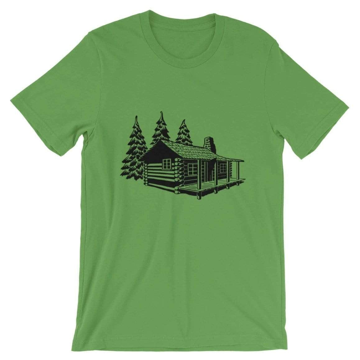 Green t-shirt with a black cabin and pine tree graphic.
