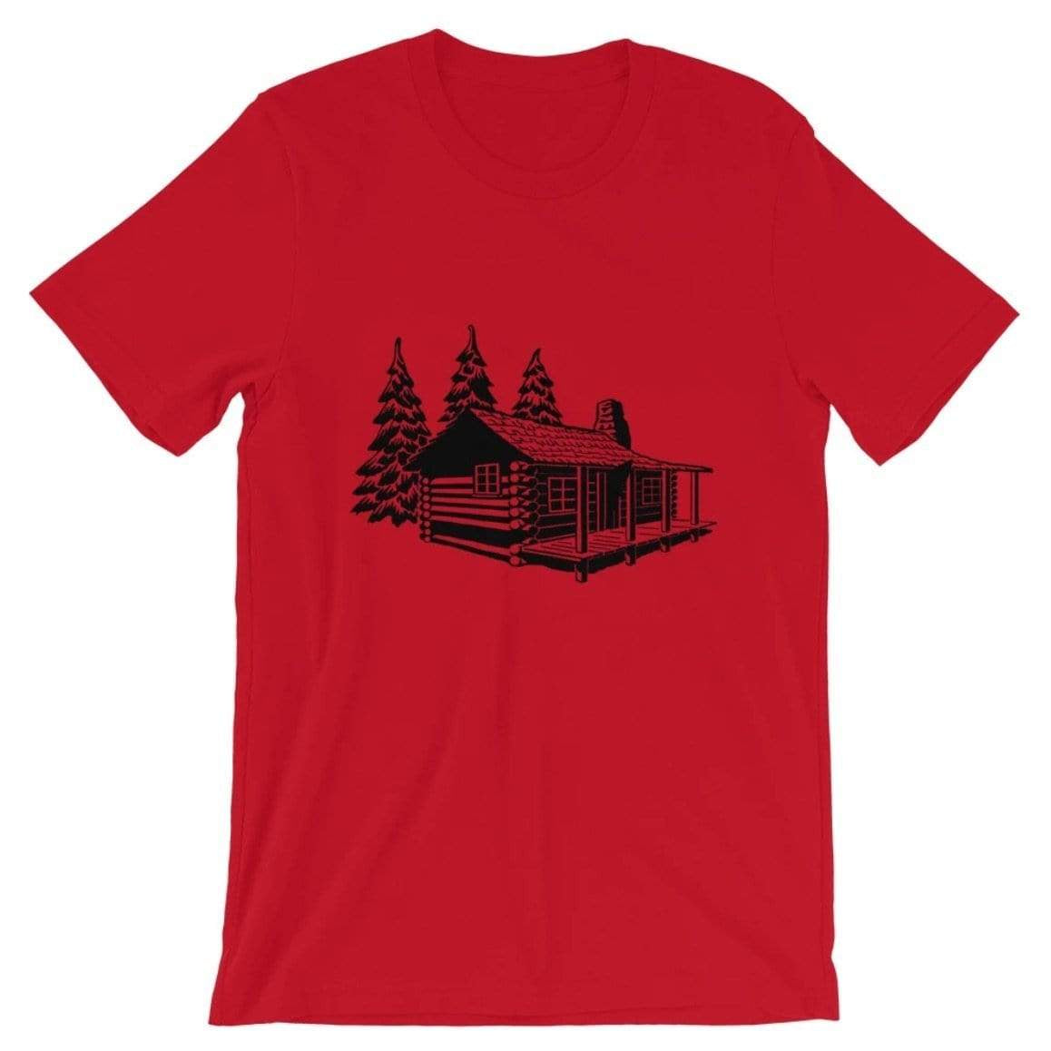 A red t-shirt with a black log cabin and trees graphic.
