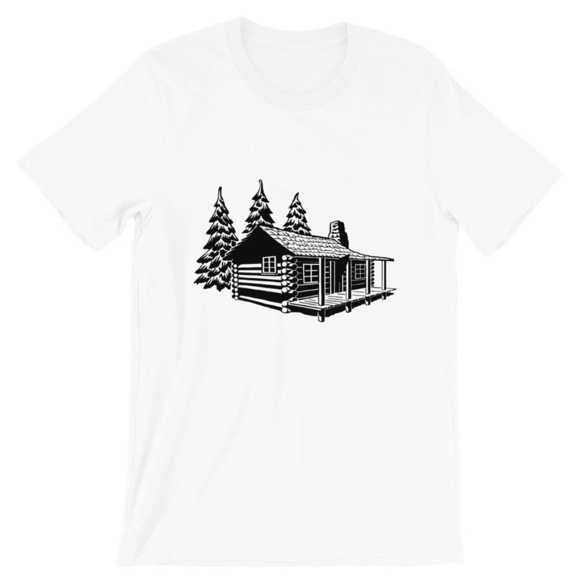 White t-shirt with a black illustration of a log cabin and trees.