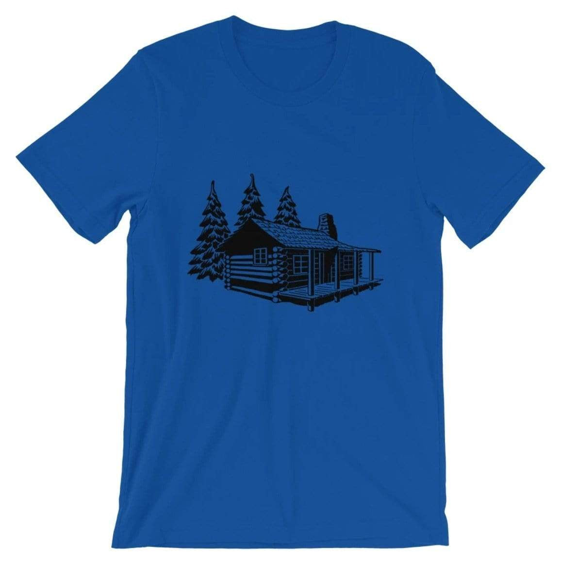 Royal blue t-shirt featuring a black graphic of a log cabin surrounded by pine trees.