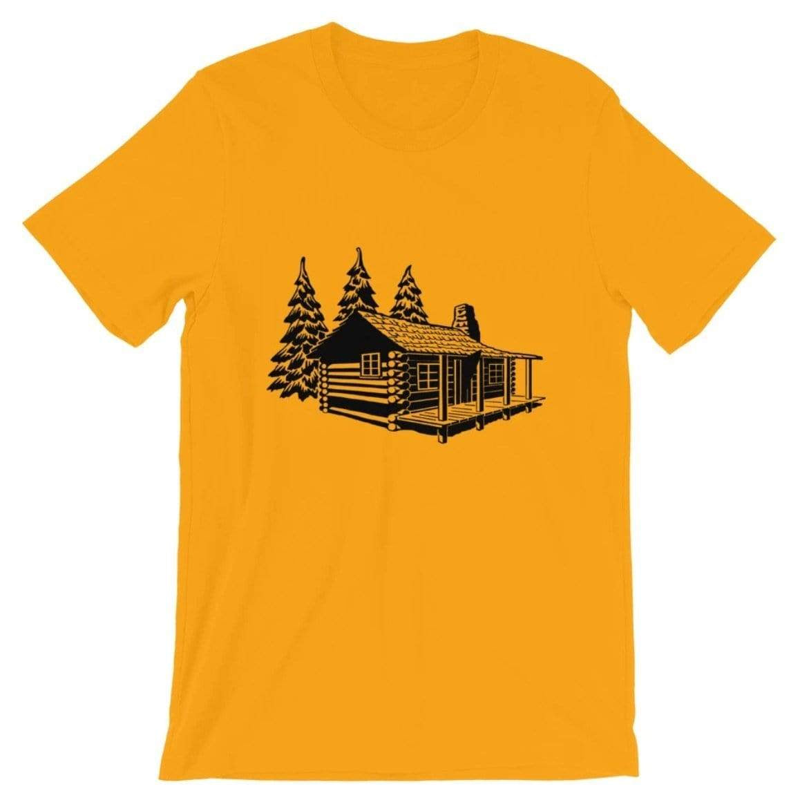 Yellow t-shirt with black cabin and tree graphic.