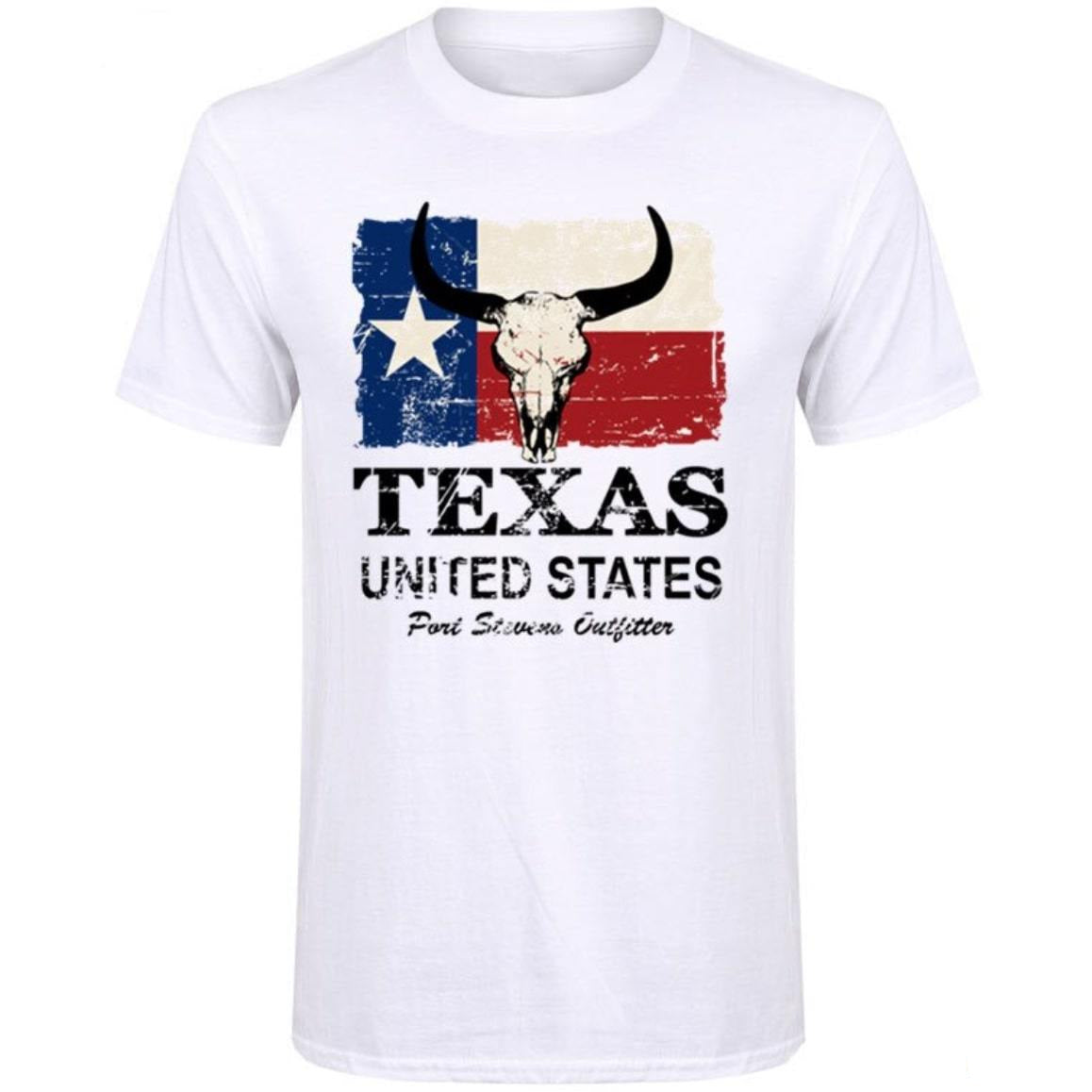White t-shirt with distressed Texas flag, bull skull, and text.
