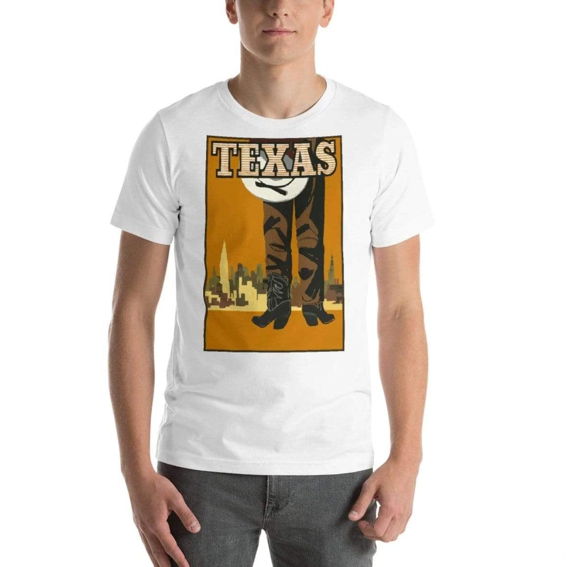 Man wearing a white t-shirt with a graphic of Texas, cowboy boots, and a skyline on the front.