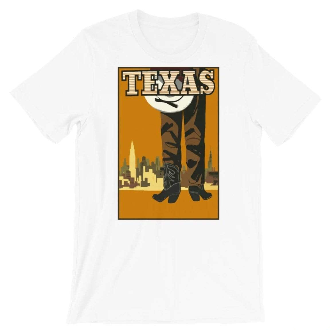 White t-shirt with a Texas graphic featuring cowboy boots, patterned pants, a skyline, and the word "TEXAS".
