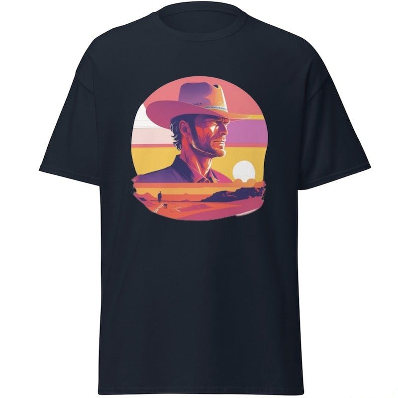 Dark blue t-shirt with a cowboy graphic.