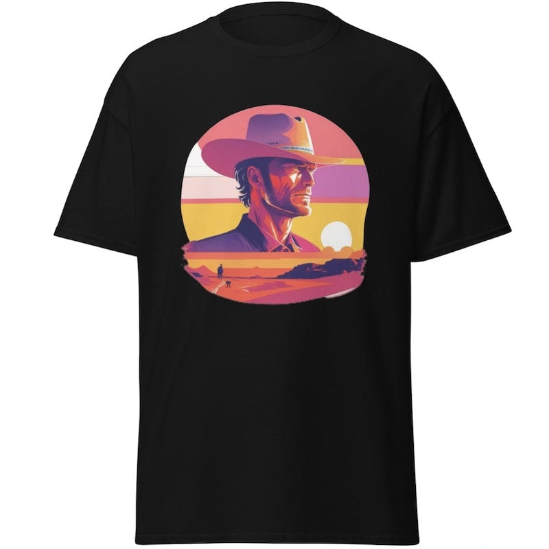 Black t-shirt with a circular graphic featuring a man in a cowboy hat against a sunset backdrop.