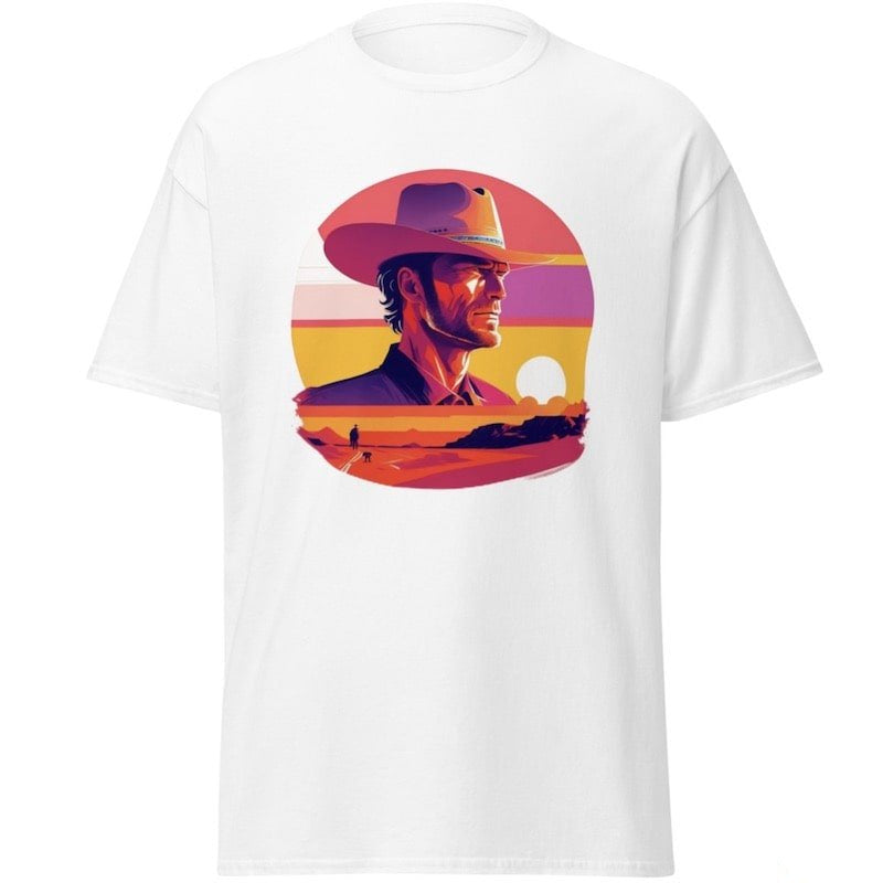 White t-shirt with a cowboy graphic.