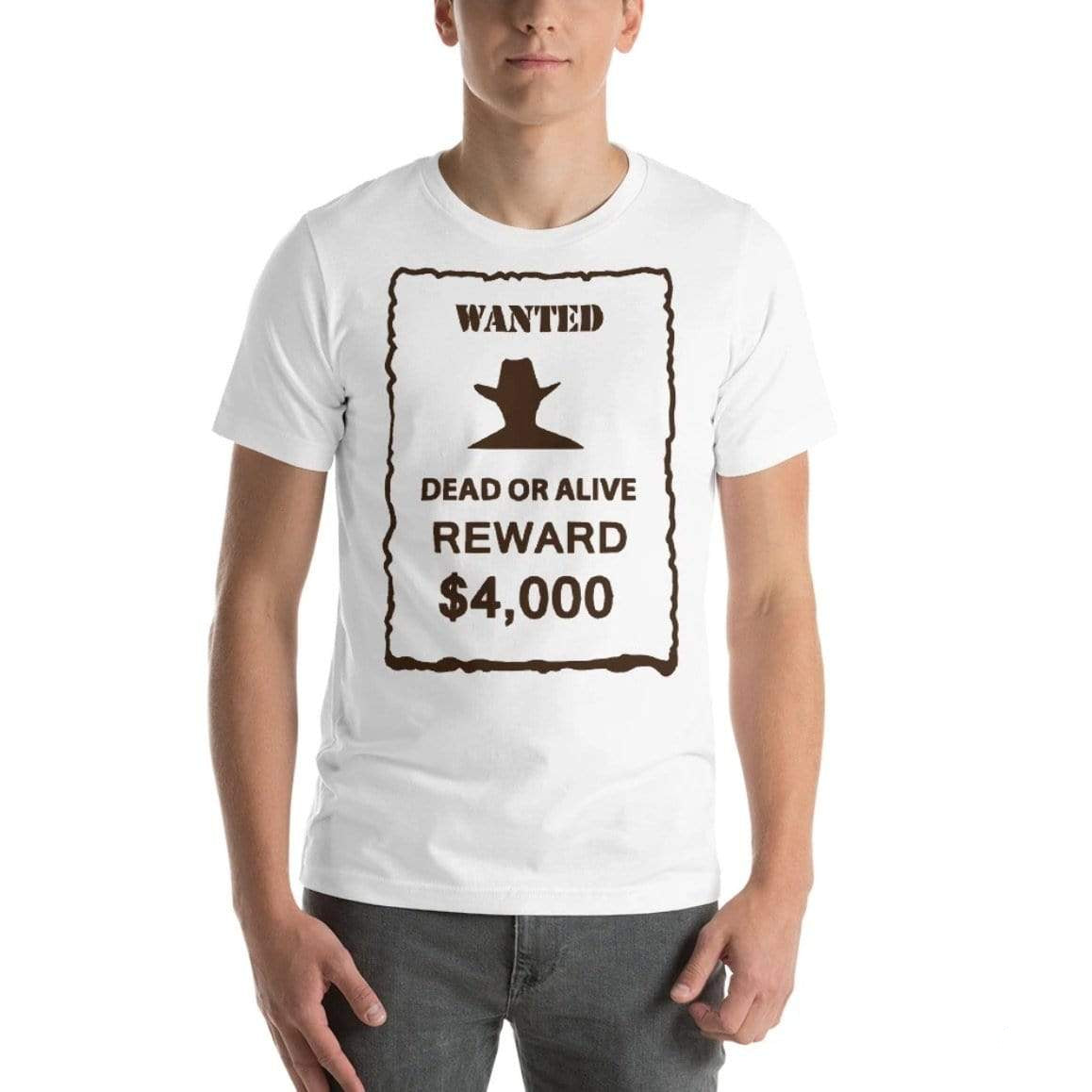 A man in a white t-shirt with a "Wanted" poster design.
