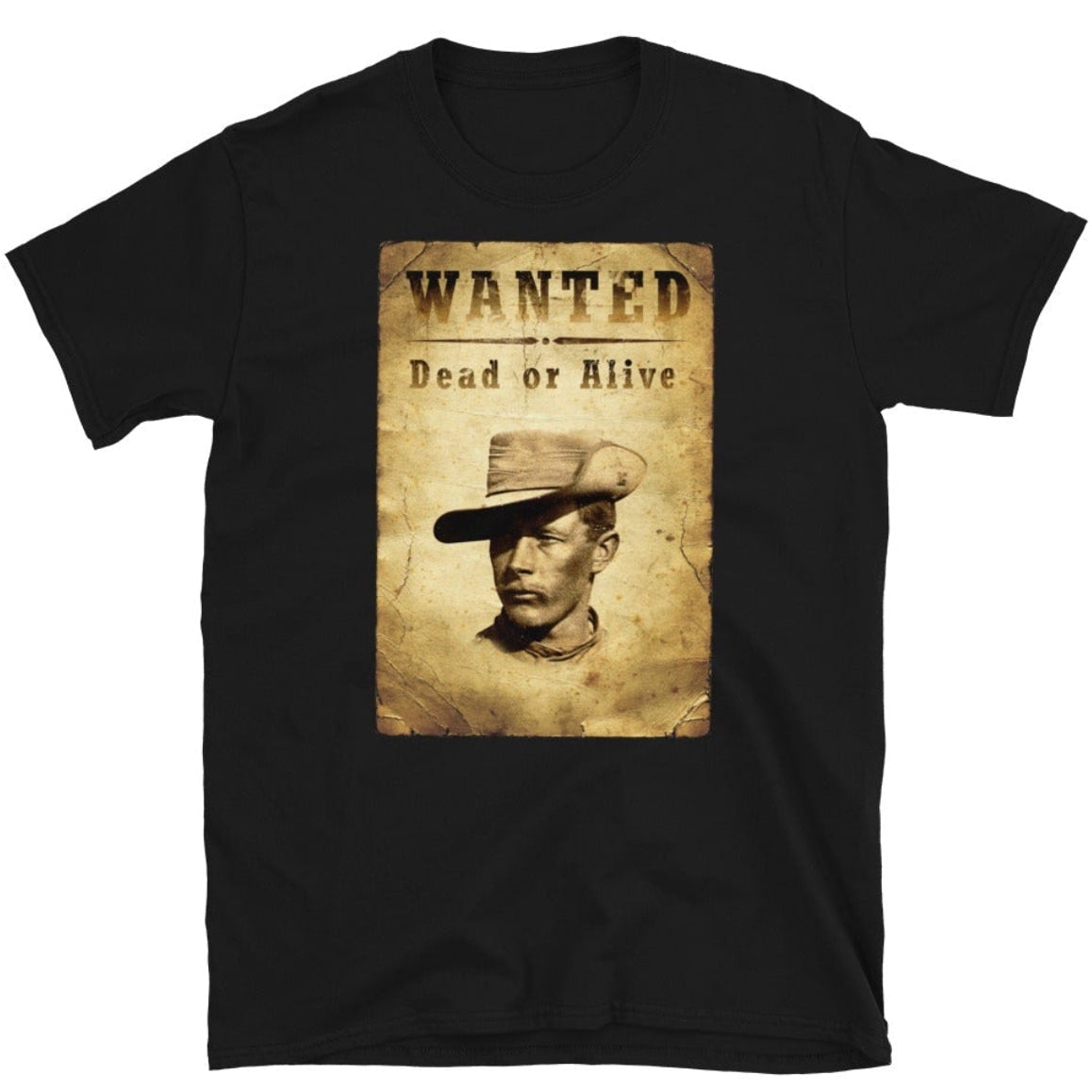 Black t-shirt with "Wanted Dead or Alive" poster graphic.