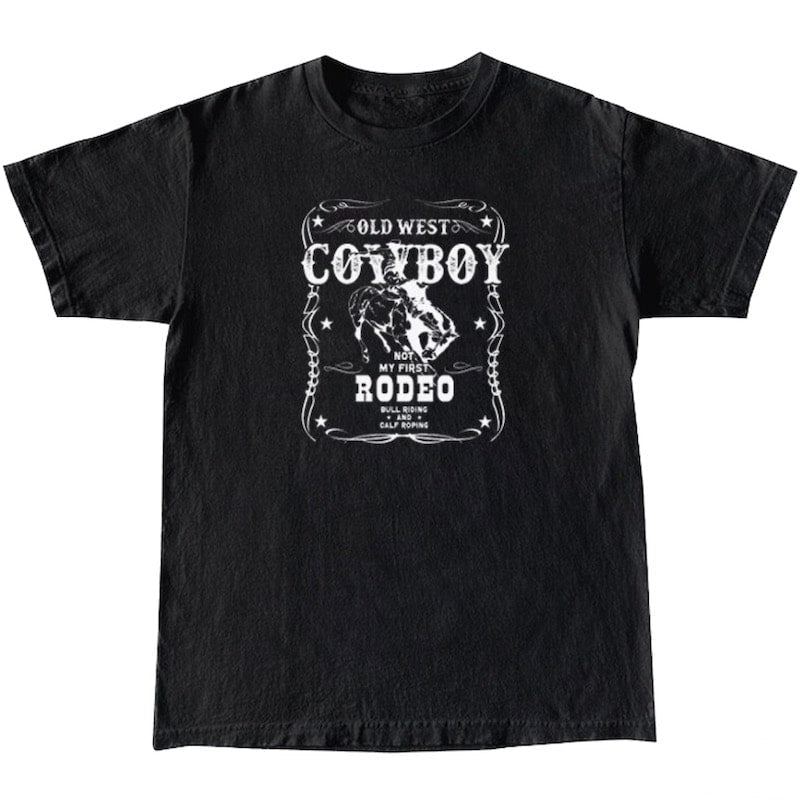 Black t-shirt with a white "Cowboy Rodeo" graphic.
