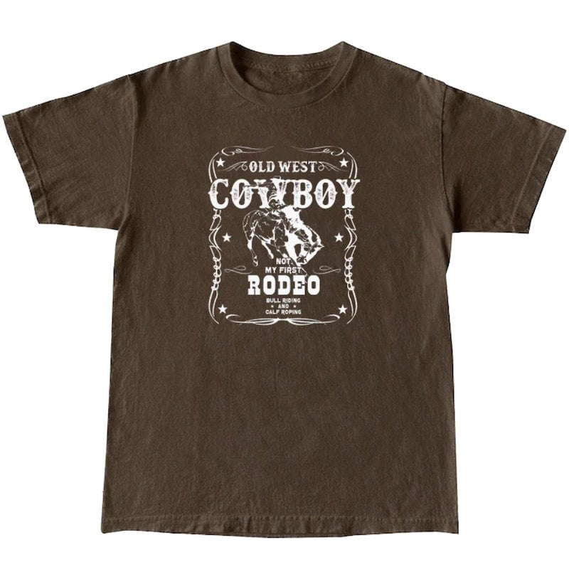 Brown t-shirt with a white "Old West Cowboy" graphic.