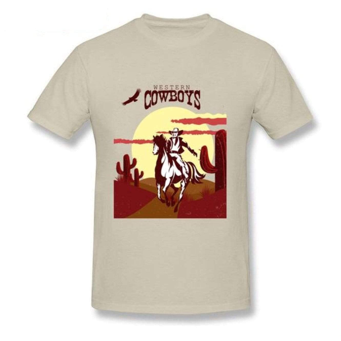 Tan shirt with a Western cowboys design featuring a cowboy riding a horse in a desert landscape.