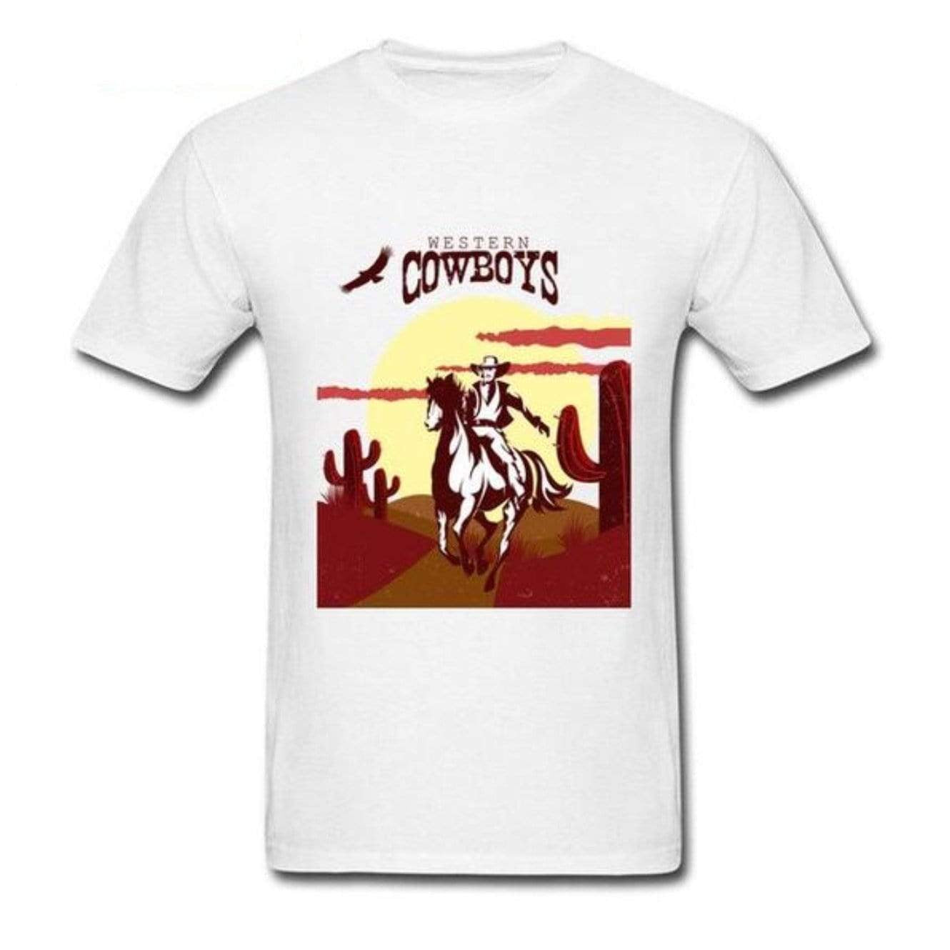 White T-shirt with a cowboy riding a horse in a desert design.