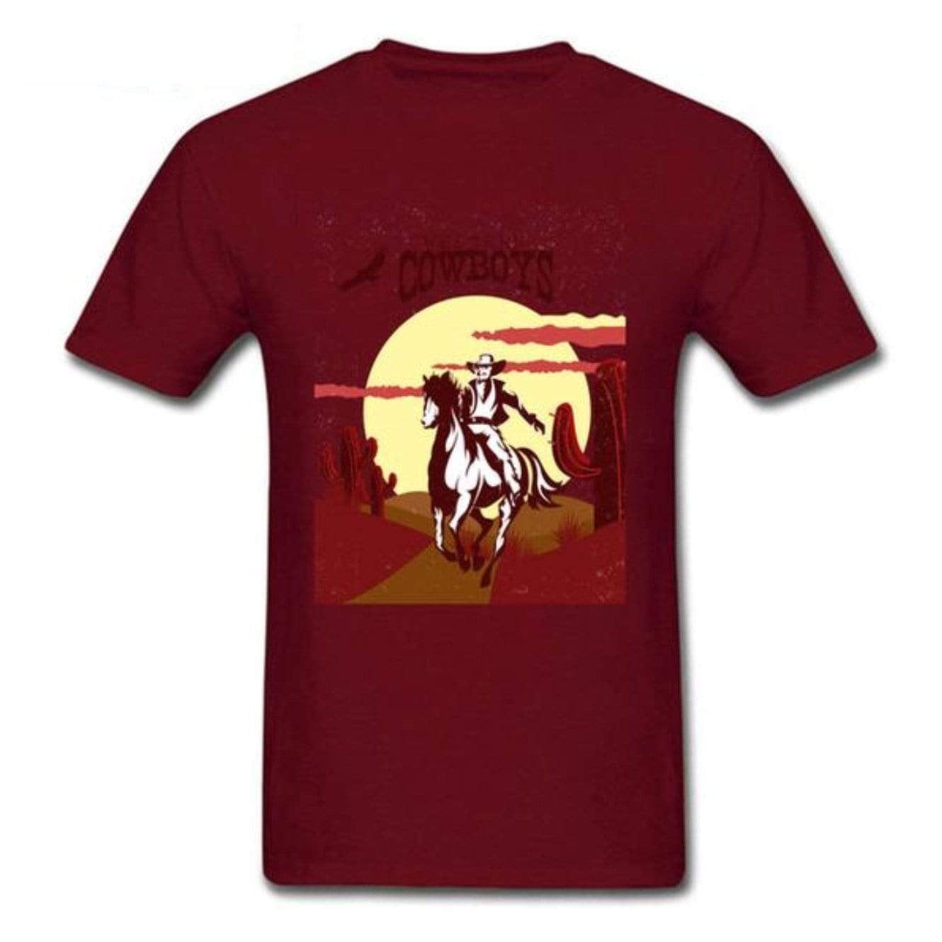 Maroon t-shirt featuring a graphic of a cowboy riding a horse in front of a setting sun, with cacti in the background. The word "COWBOYS" is written at the top.