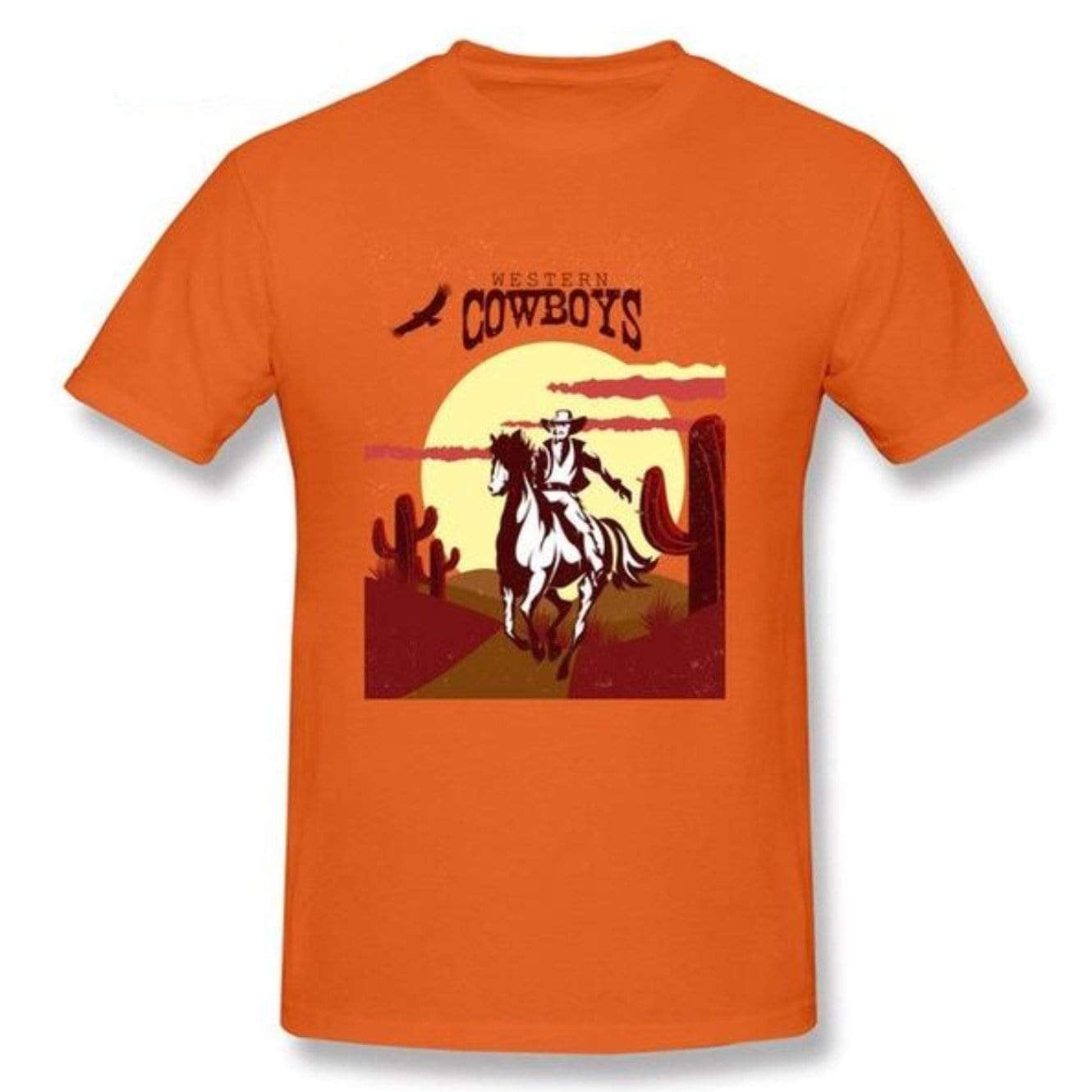Orange t-shirt with a western cowboys graphic.